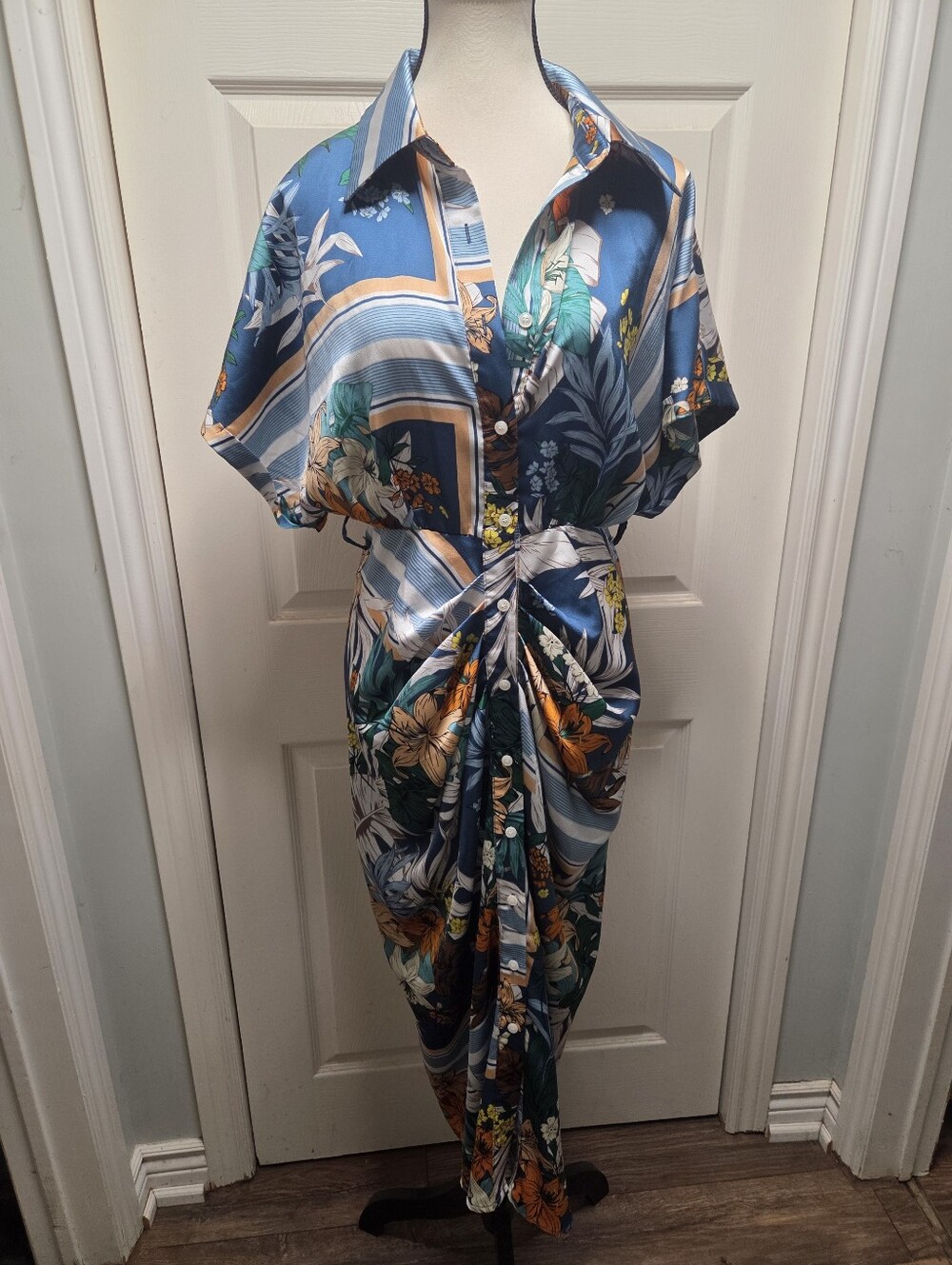 Satin Sheen Floral Button-Front Midi Dress With Belly Ruching